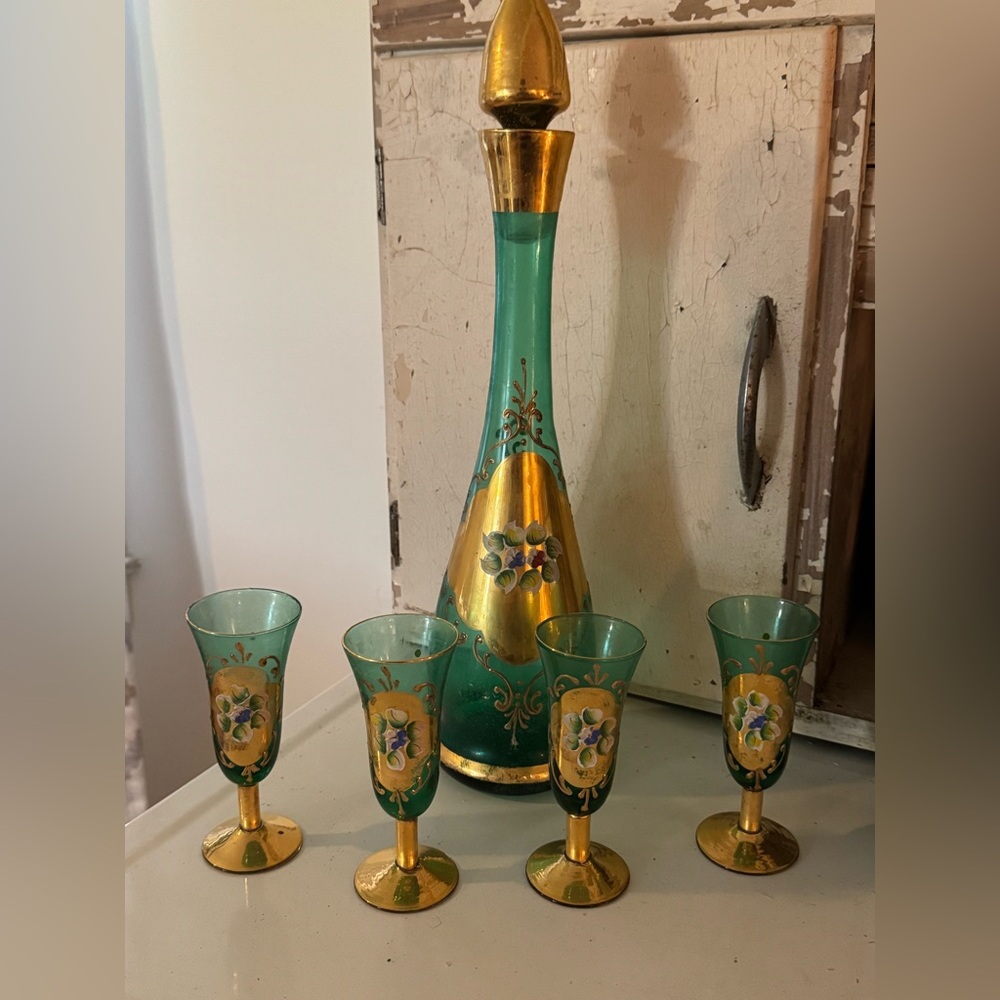 Murano glass decanter set with hand-painted floral designs and 24k gold accents